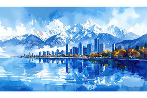 vibrant lakeside skyline under snowy, a Technology Photo by Igor Tichonow