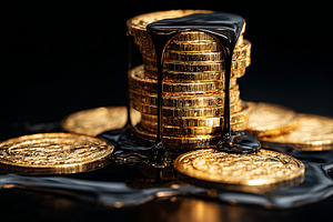 Gold coins melting into black oil, a Business Photo by Design Store