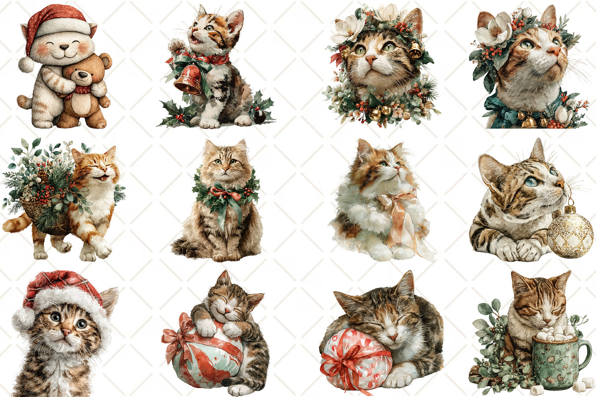 Watercolor Christmas Cat Clipart, a Seasonal Illustration by Black Bird Studio (Photo 3 of 7)