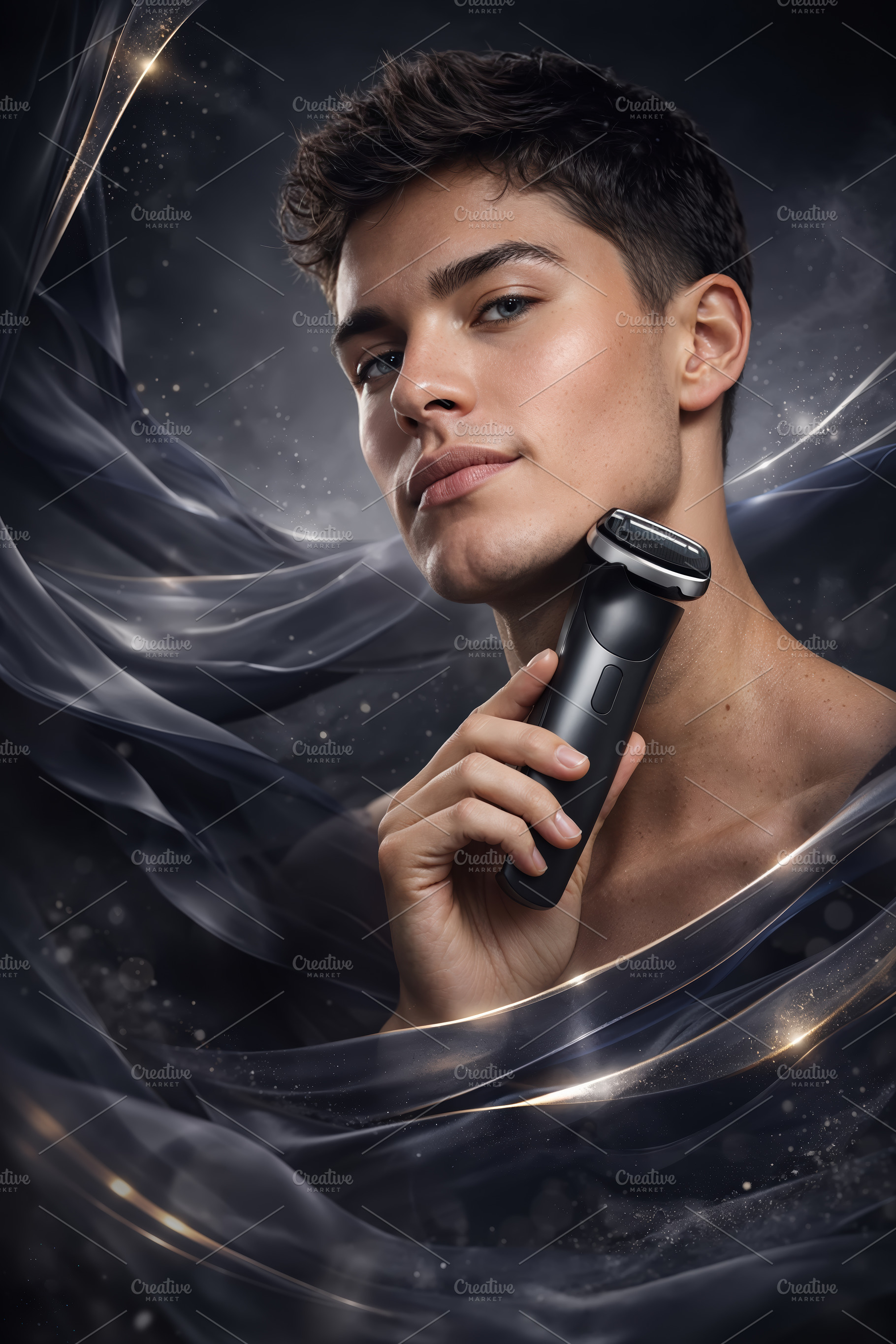 Young man shaving with an electric r, a Beauty & Fashion Photo by angellodeco