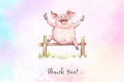 Funny Pig on Fence Clipart, an Illustration by Watercolor design (Thumbnail 7 of 12)