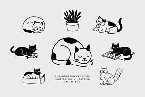 Cute Cat B&W Illustration