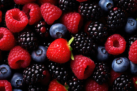 Berries background. Raspberries, blu, a Photo by Iftikhar Alam
