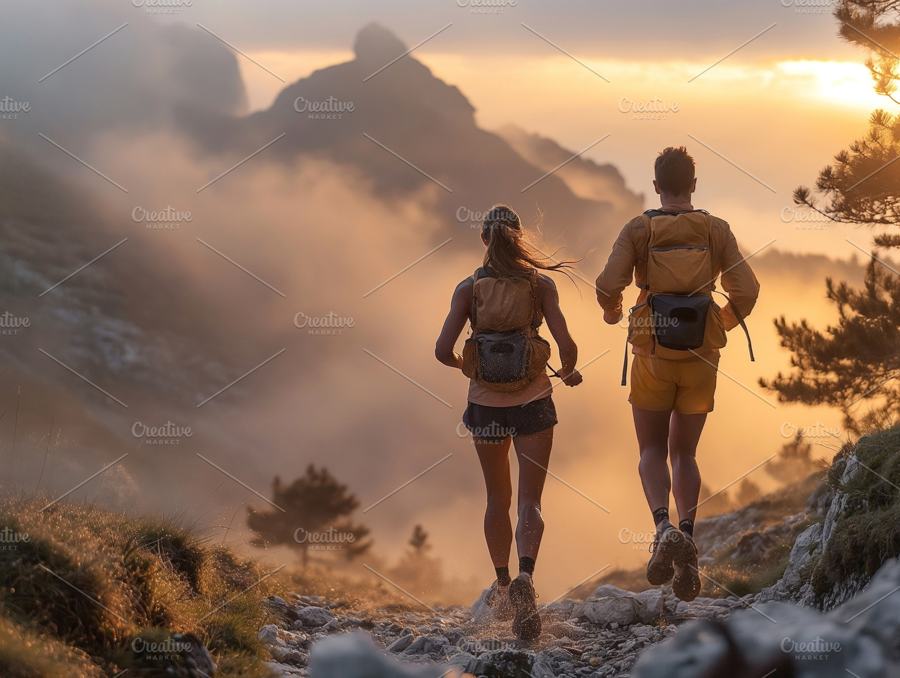 A man and woman jogging along a misty mountain trail at sunset, surrounded by d, a Person Photo by ImageMir