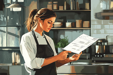 Chef reviewing menu plans in a moder, a Photo by Tanuart