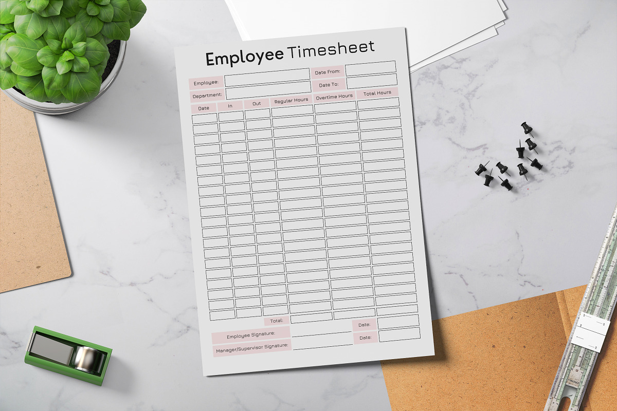 Employee Timesheet Printable - Pink, a Print Template by Snapybiz