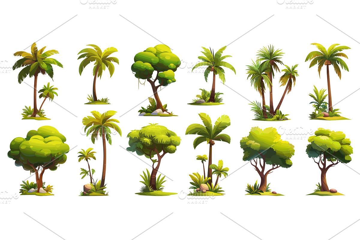 Palms cartoon set. Tropical trees, an Object Illustration by Stock-Smart-Start