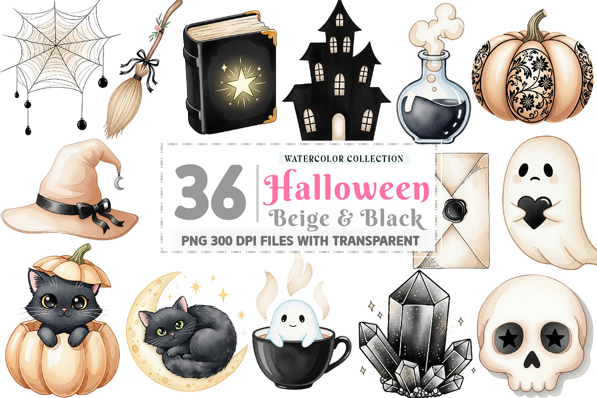 Beige & Black Halloween Clipart, an Illustration by Watercolor design (Photo 1 of 4)