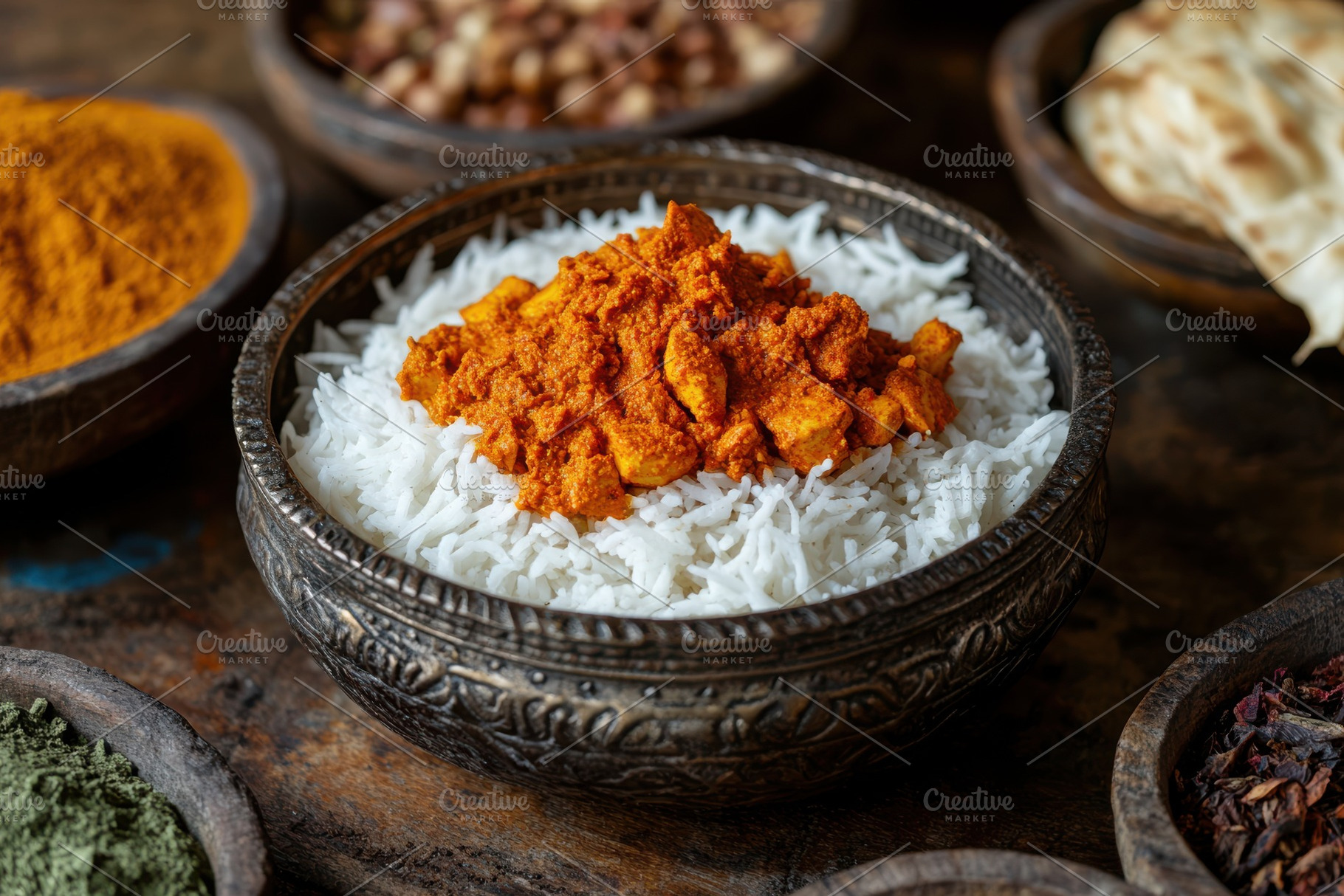 Spicy Chicken Curry served over fluf, a Background Photo by Pixeness