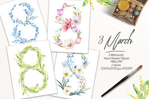 March 8, Watercolor Illustration Set