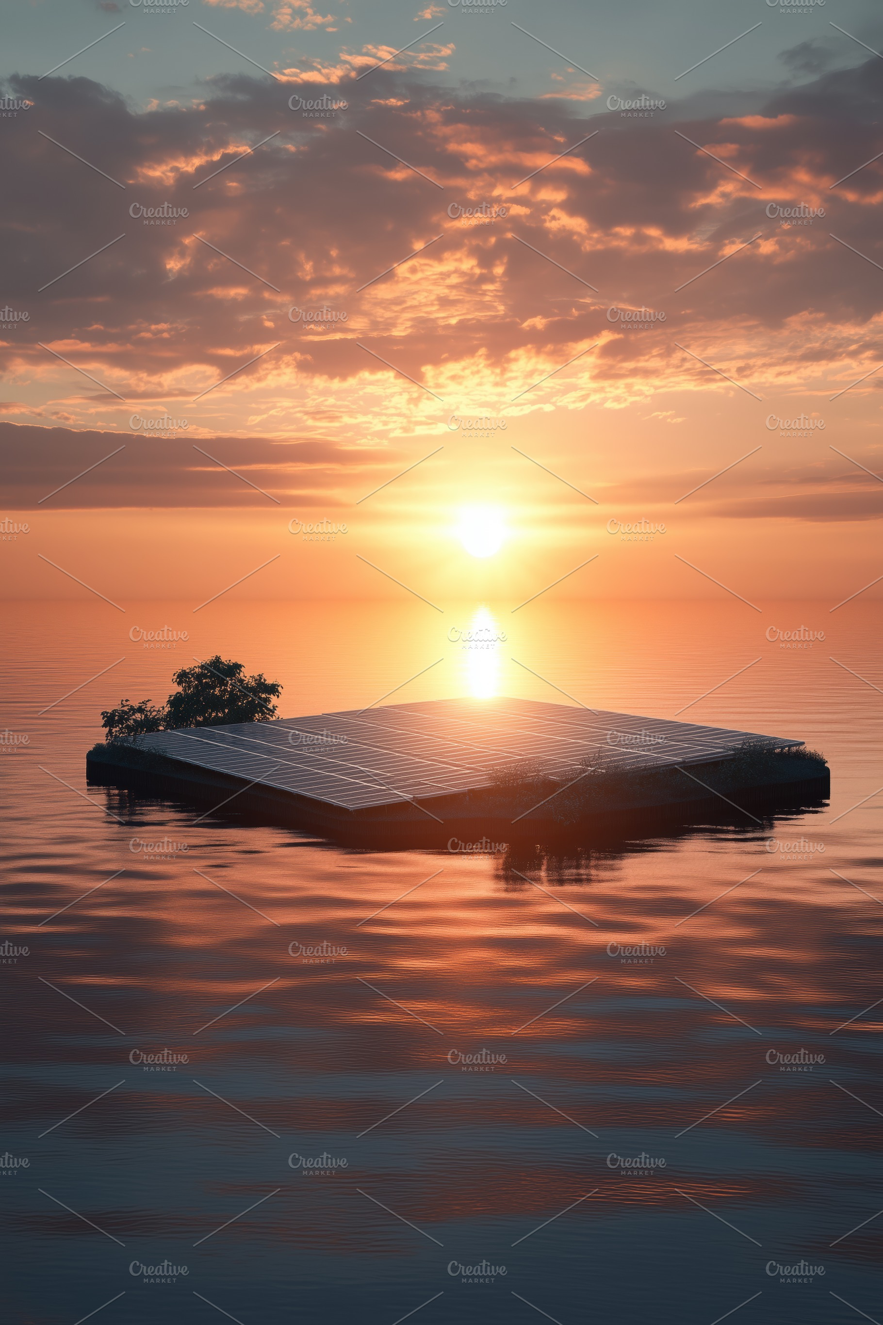 A serene sunset over calm waters, featuring a floating platform with a small tr, a Technology Photo by Textures & Backgrounds