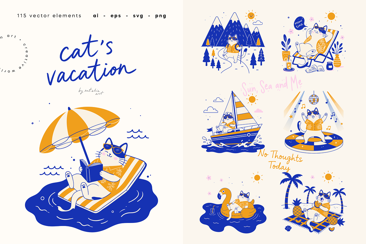 Cat's Vacation Vector Illustrations, a Seasonal Illustration by Nutalin Art (Photo 1 of 13)