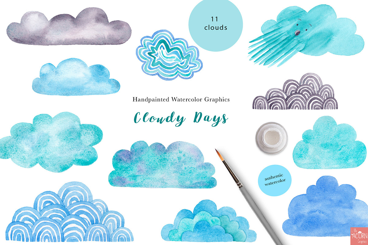 Cloudy Days Watercolor Graphics, an Illustration by LittleAcornGraphics (Photo 5 of 5)