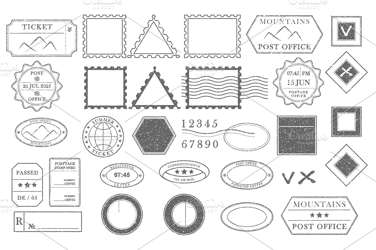 Blank postage rubber stamps. Mockup, an Illustration by Zimages