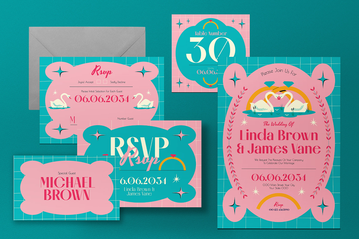 Pink Mid Century Wedding Invitation, a Card Template by graphicook (Photo 3 of 3)