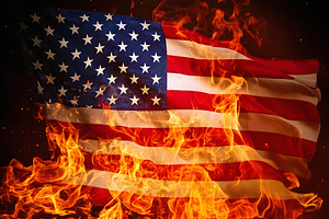 American flag burning with intense flames and dark background, an Abstract Photo by GoodGoods