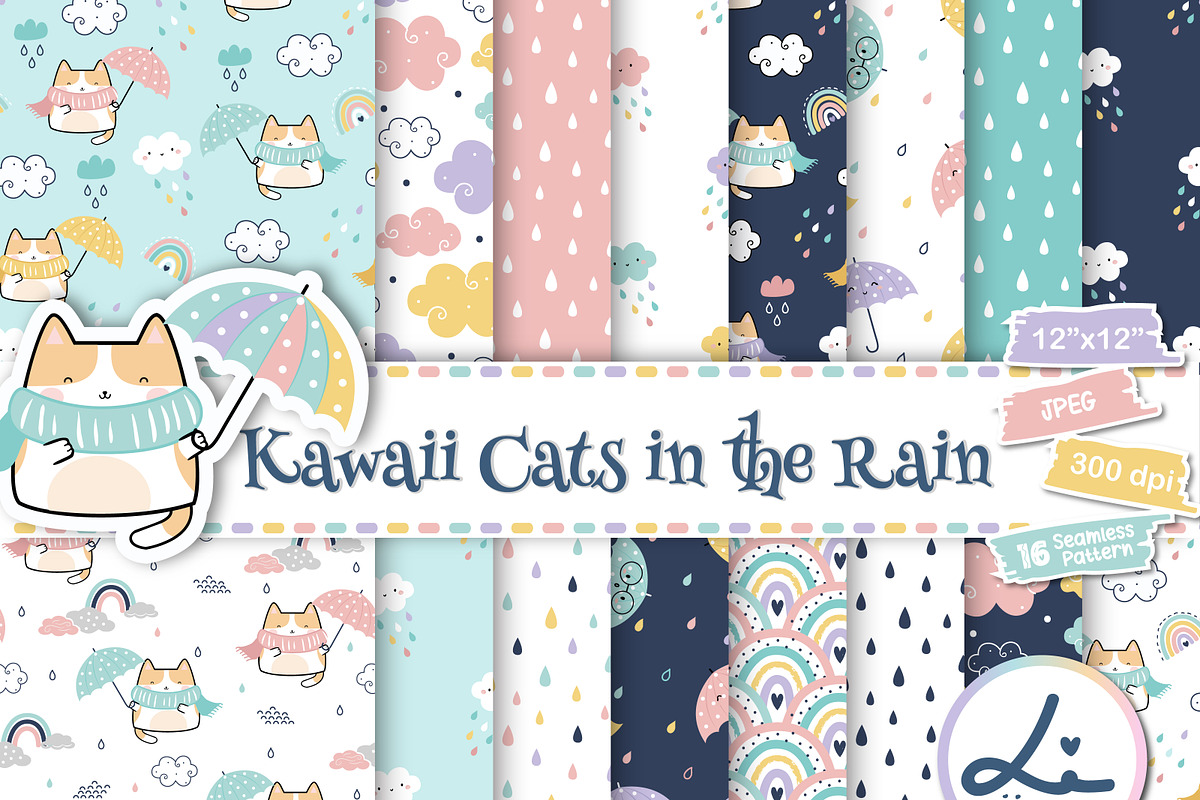 Kawaii Cat in the Rain Digital Paper, a Pattern Graphic by lindoet23 (Photo 1 of 7)
