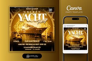 Golden Yacht Party Canva Template, a Flyer Template by PeetalyStudioDesigns