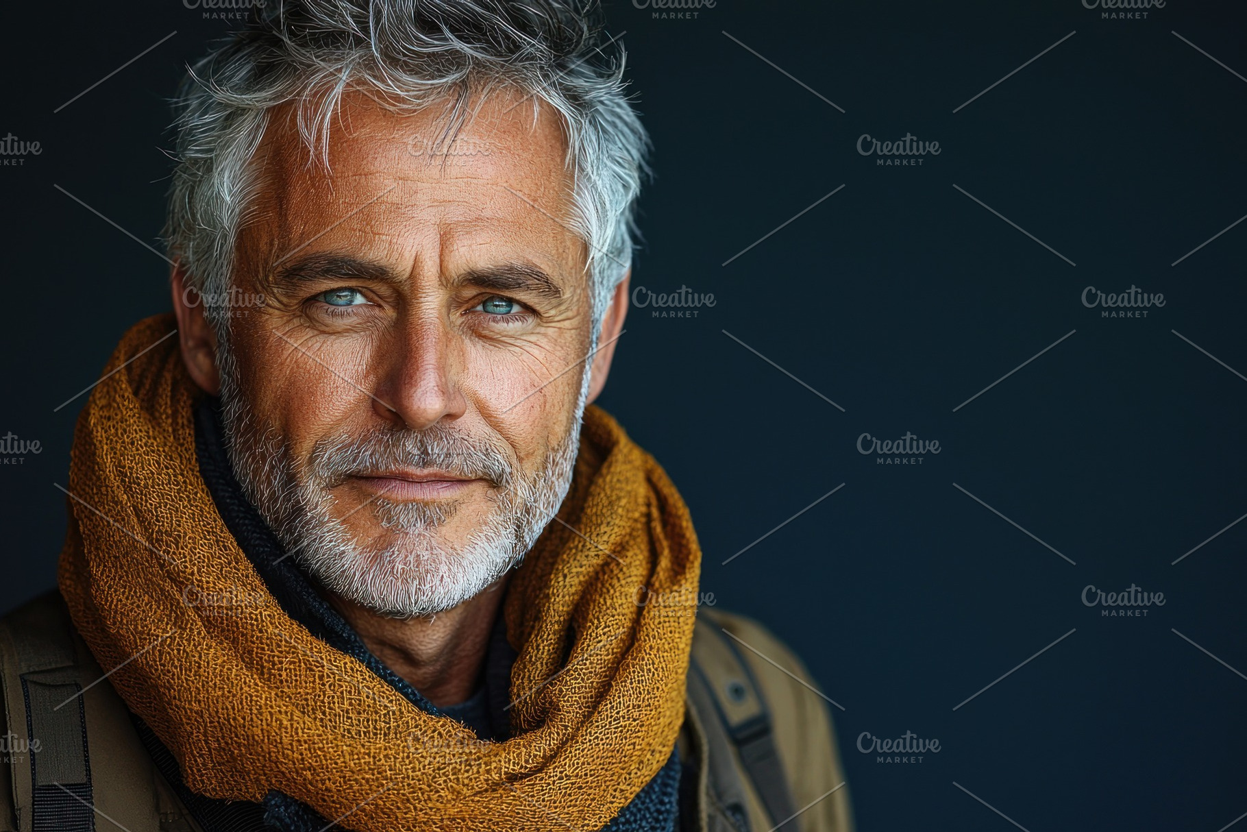 Stylish mature man with gray hair and beard wearing mustard scar, a Person Photo by José Manuel Gelpi