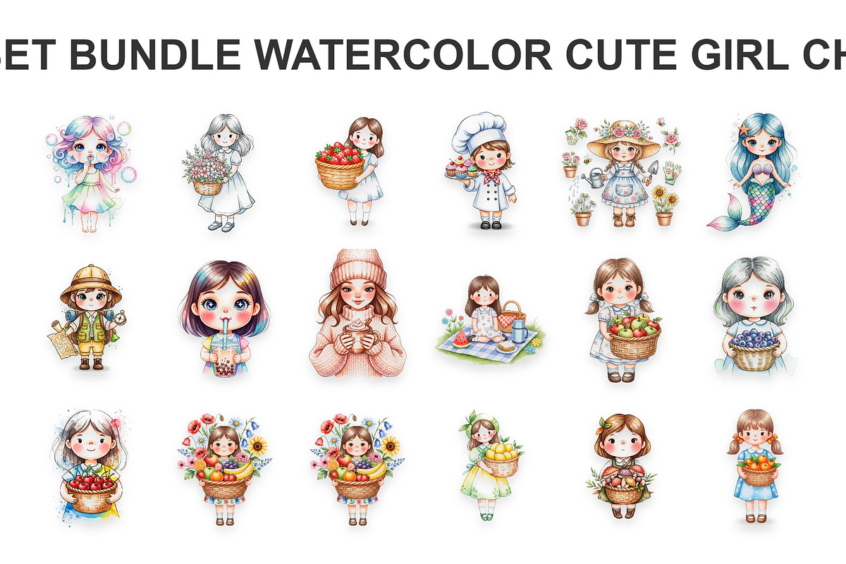 Asset Watercolor Cute Girl Child, a Decorative Illustration by Eka Design (Photo 1 of 5)