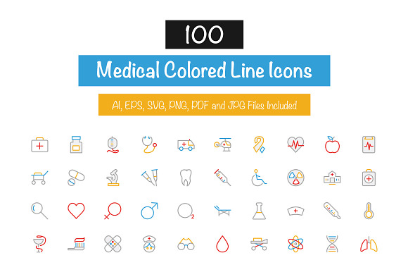 100 Medical Colored Line Icons