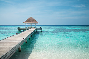 Wooden pier to gazebo over tropical water, a Nature Photo by AlyaAnd