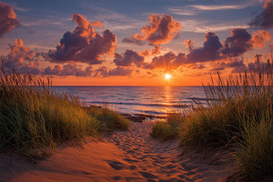 Sunset beach path sandy dune grasses, a Photo by Pixeness Studio