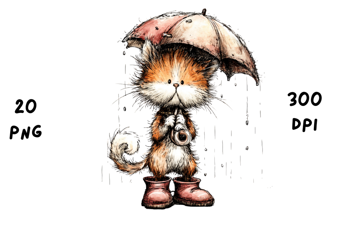 Whimsical Funny Rainy Cat Clipart, an Animal Illustration by GiraffeCreative (Photo 6 of 20)