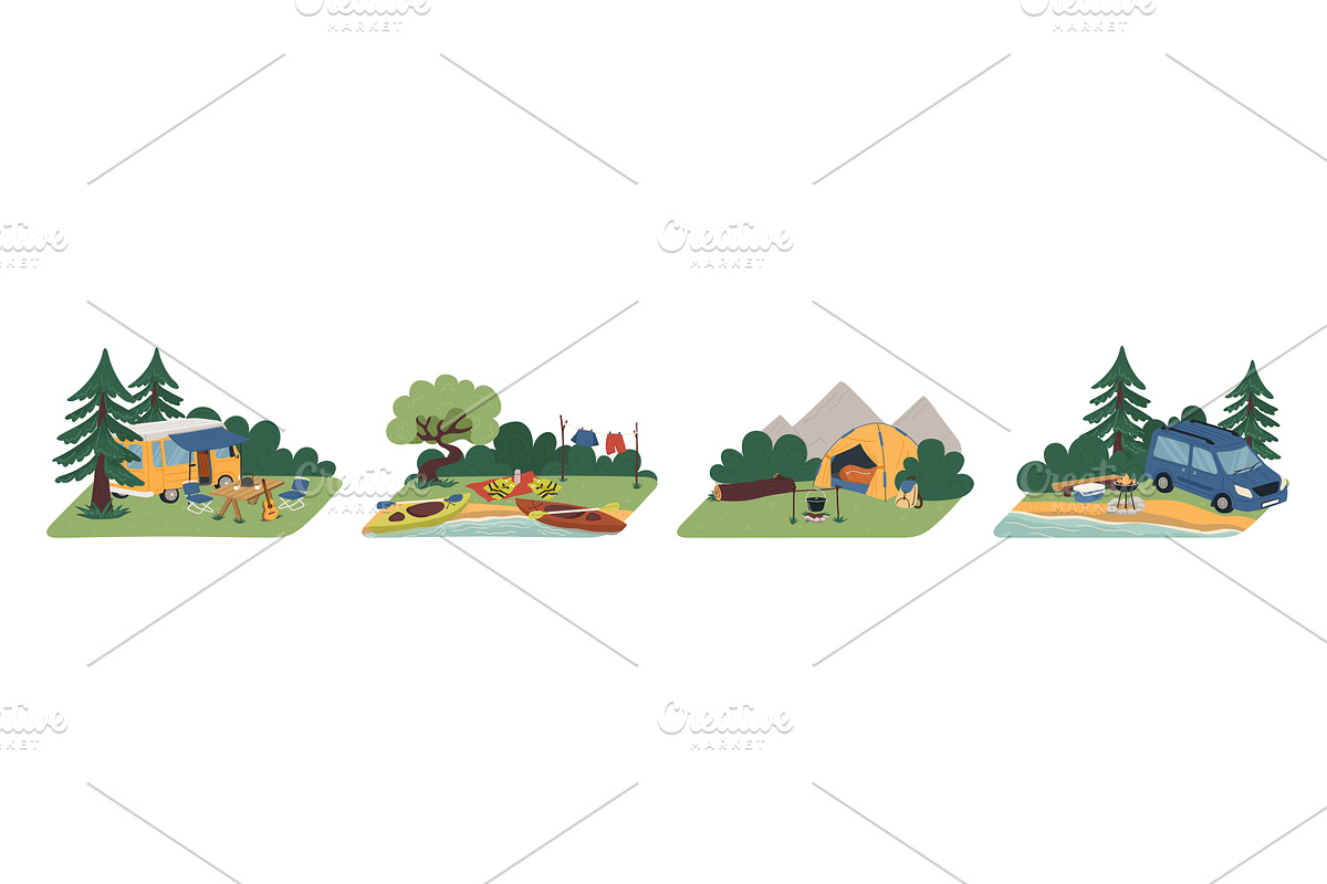 Camping on river bank, in forest and, an Object Illustration by vectorpointstudio