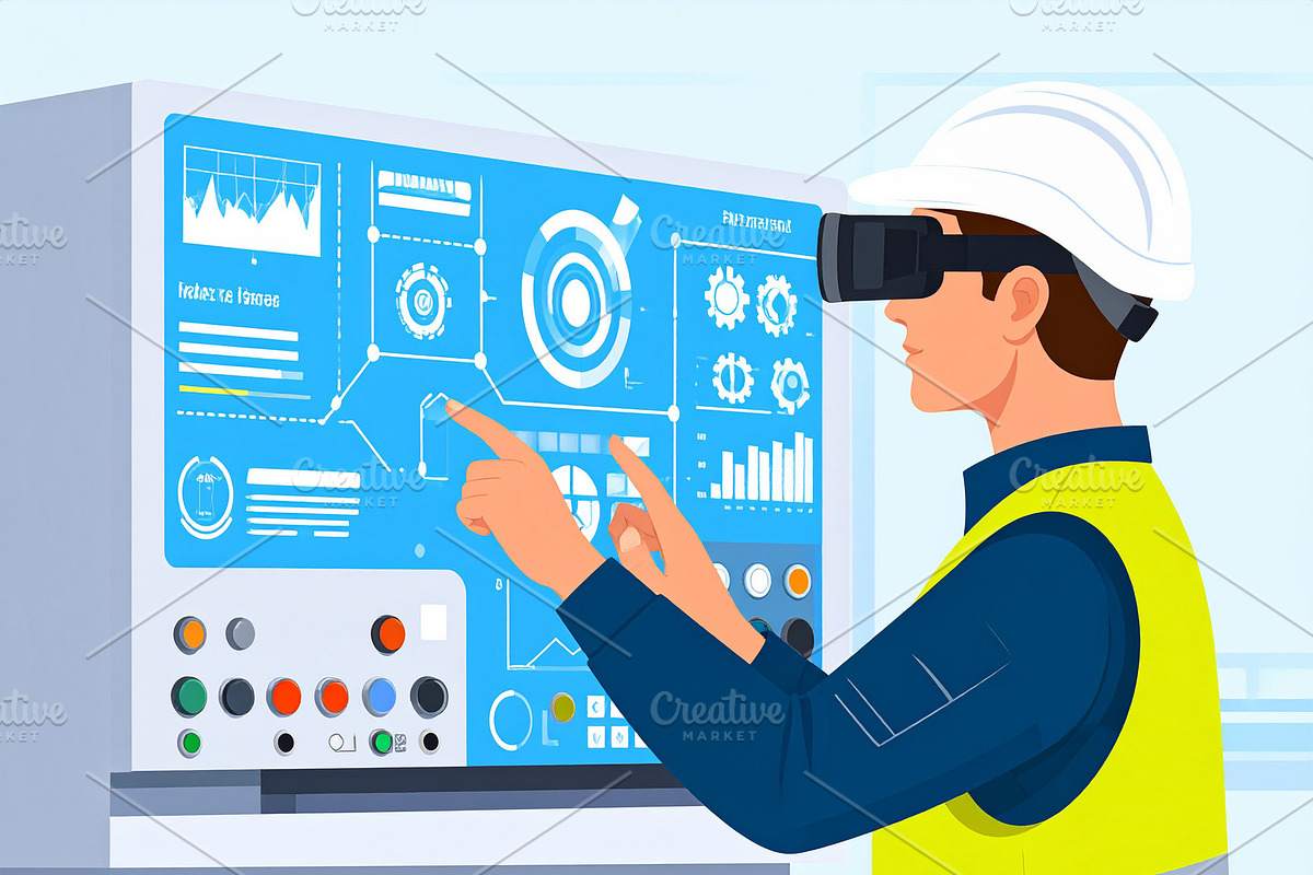 Worker in an industrial inside a factory uses AR glasses to acce, an Illustration by DanFLCreativo