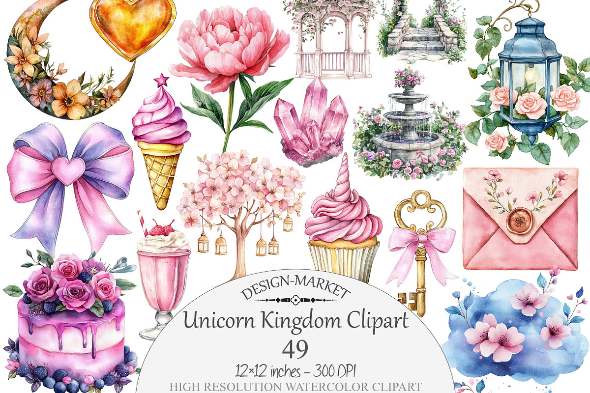 Watercolor Unicorn Kingdom Clipart, a Seasonal Illustration by Design Market (Photo 1 of 5)