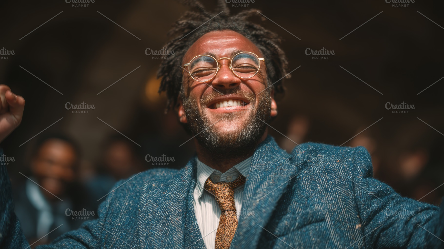 Smiling man in glasses celebrating outdoors in vibrant joyful atmosphere, a Person Photo by AS photostudio