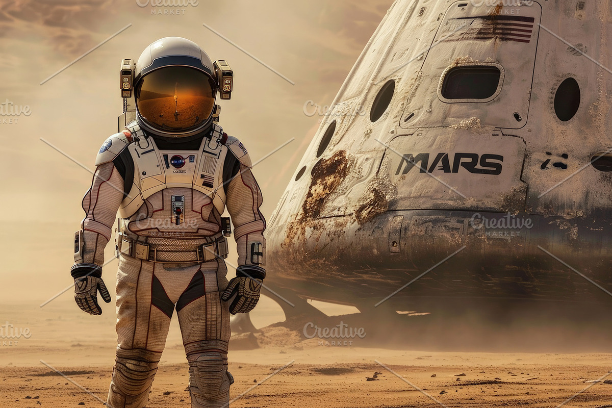 Spacecraft and astronaut on Mars sur, an Illustration by Lopatin Photo