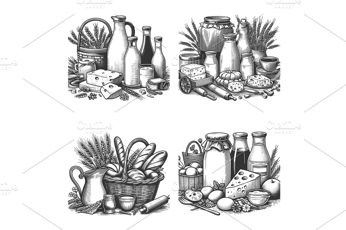Farm Fresh Dairy and Bread set, a Food Illustration by AlexArt