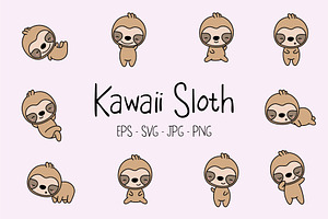 Kawaii Sloth Set, Clipart Cute Sloth