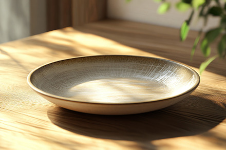 Ceramic plate resting on a wooden table with natural light and shadows, a Food & Drink Photo by AlyaAnd
