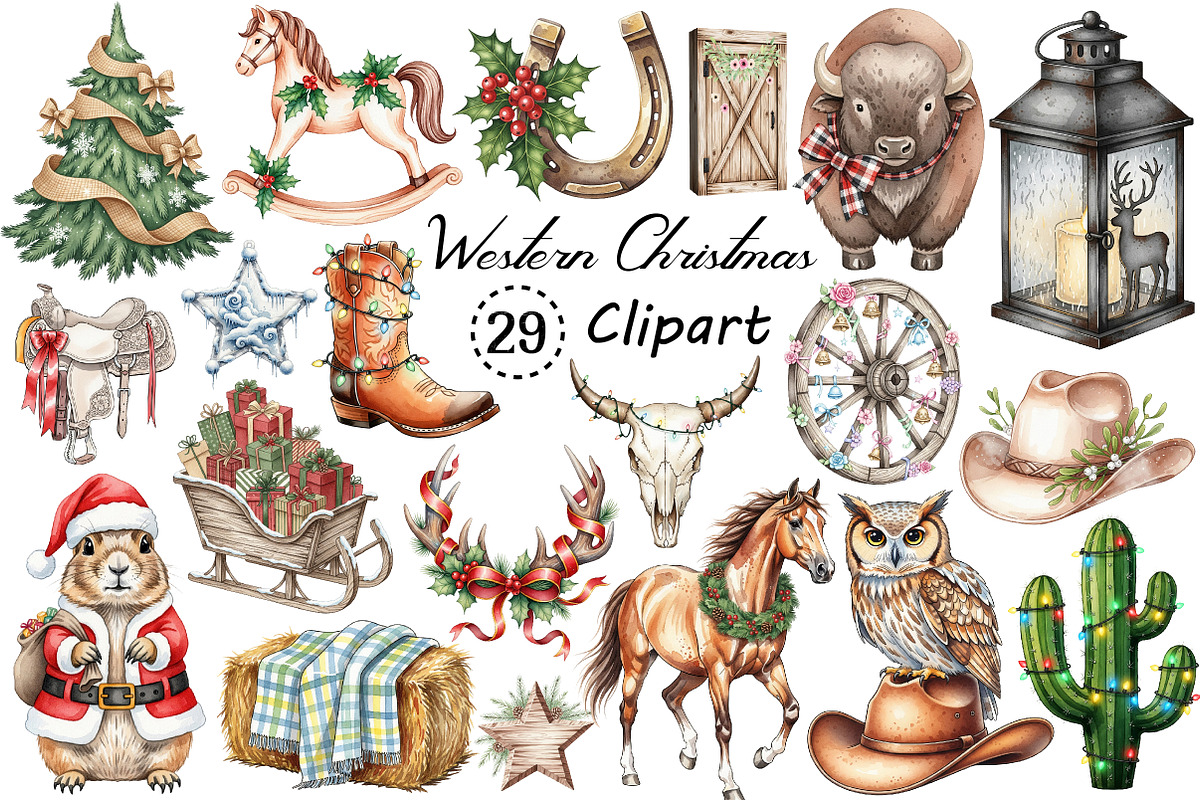 Watercolor Western Christmas Clipart, an Illustration by Creative Art (Photo 1 of 10)