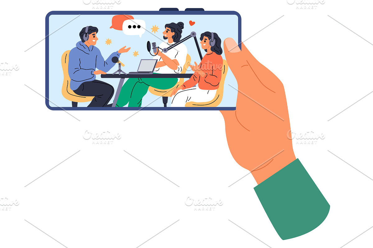 Hand holding smartphone with podcast, a Technology Illustration by Vectorbuum
