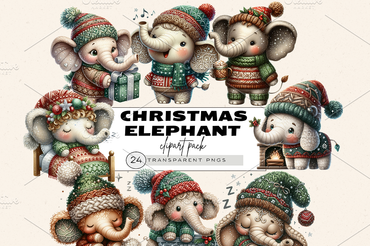 CHRISTMAS ELEPHANT CLIPART PACK, a Seasonal Illustration by Daring Digies (Photo 1 of 9)