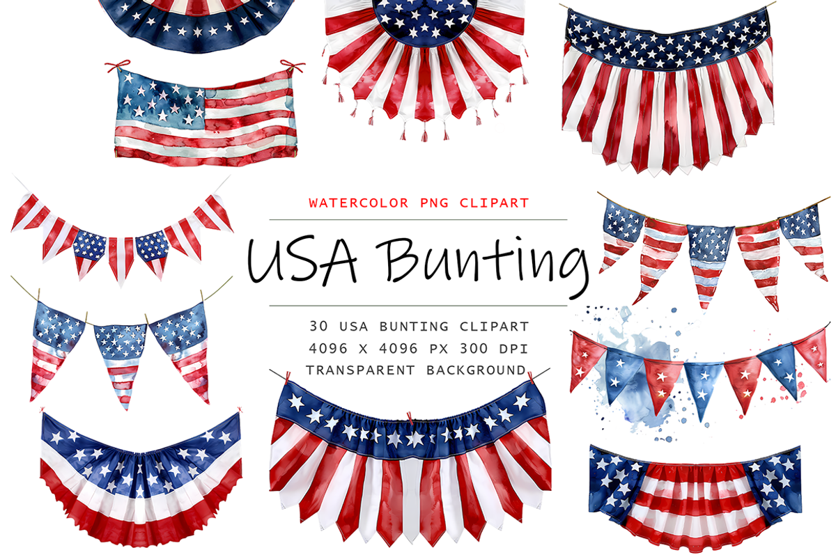 Watercolor USA Bunting Clipart, a Decorative Illustration by stickermadness (Photo 1 of 3)