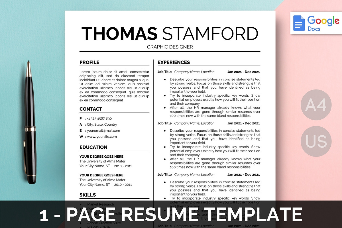 Google Docs Resume Template | 1 Page, a Resume Template by bonadigitals (Photo 1 of 4)