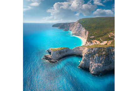 Aerial view of blue sea, mountain, a Nature Photo by den-belitsky