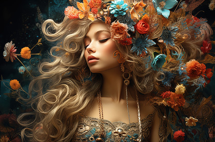 A bohemian woman with long, flowing hair adorned with colorful flowers and butt, a Beauty & Fashion Photo by Textures & Backgrounds