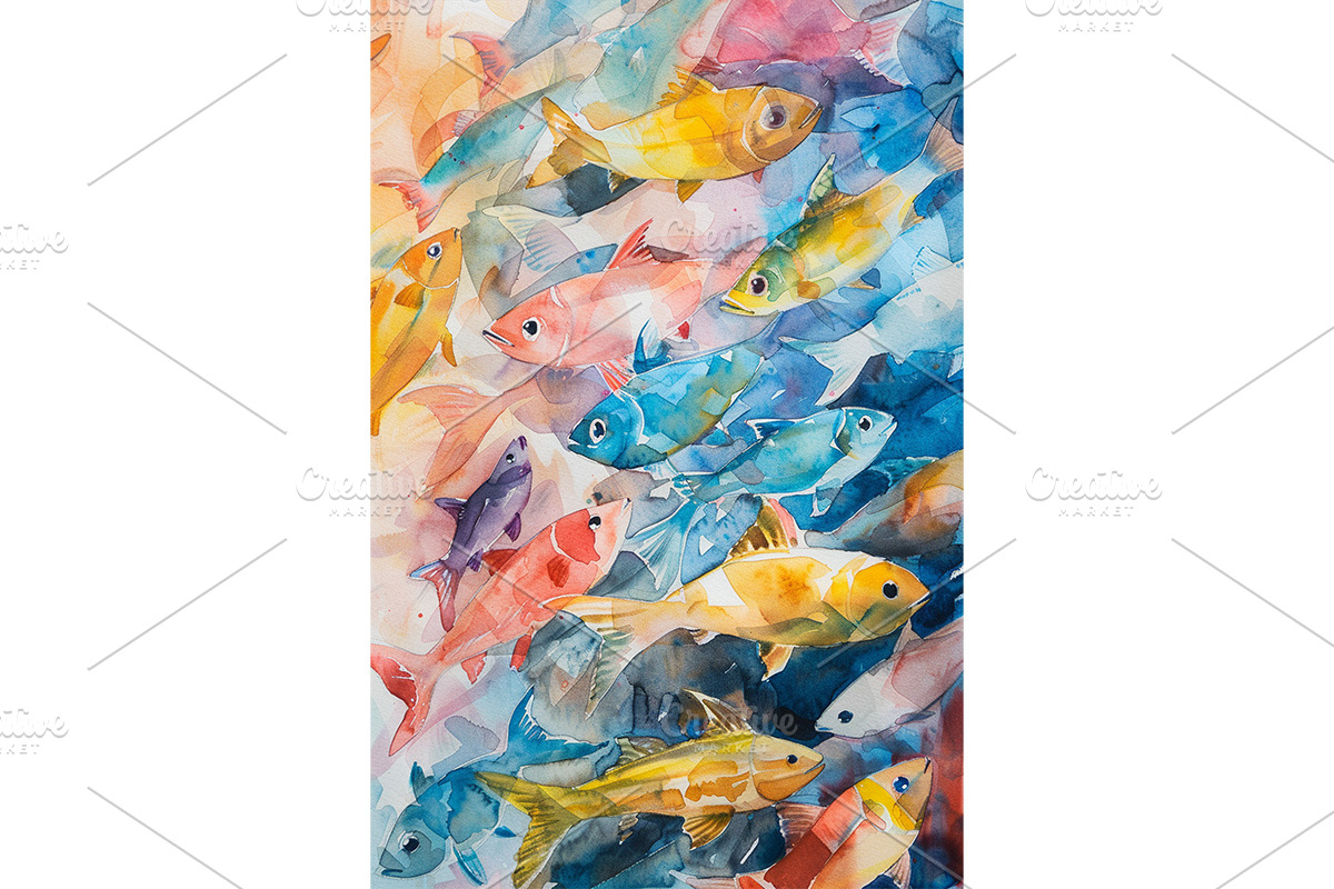 Colorful Watercolor Fish School Art, an Animal Illustration by Art Paradise Studios