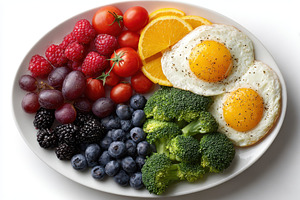 Healthy breakfast plate with eggs fr, a Photo by Pixeness Studio