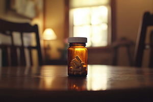 Amber pill bottle rests on a wooden, a Photo by Tanuart