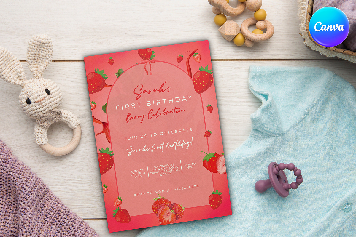 Strawberry First Birthday Invitation, an Invitation Template by InvitingStorys (Photo 4 of 10)
