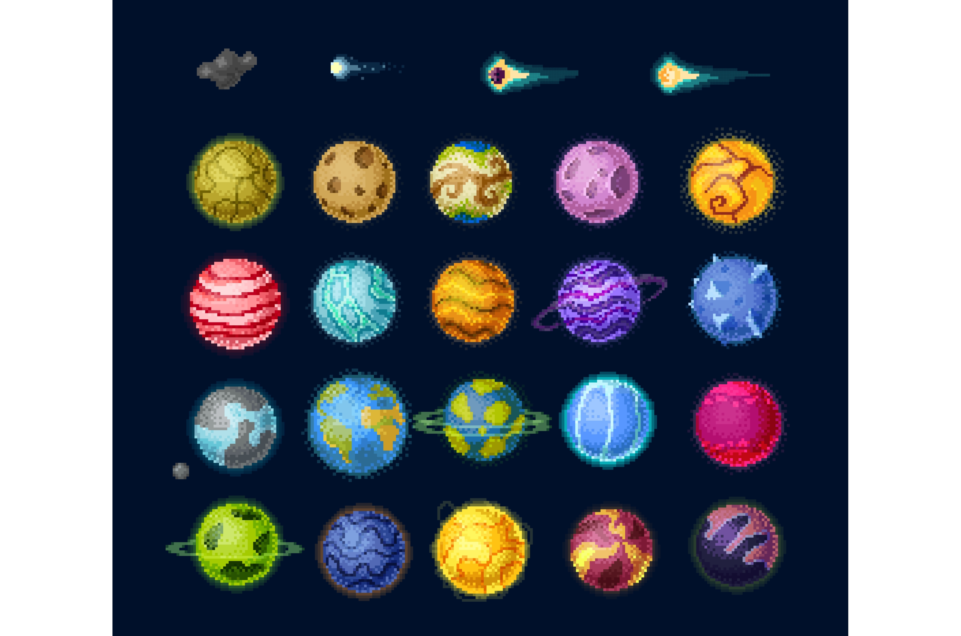 Pixel game space planets and stars, an Object Illustration by Buch&Bee
