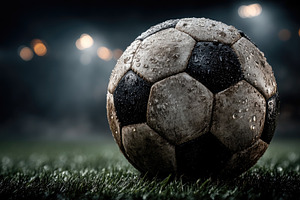 Old Wet Soccer Ball on Grass Under Stadium Lights at Night, a Sports & Recreation Photo by José Manuel Gelpi