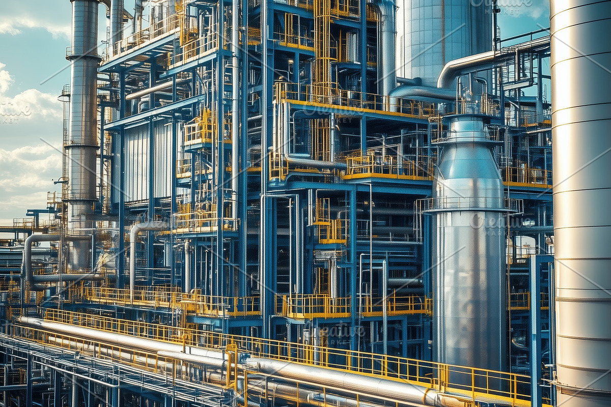 A large industrial facility with complex piping and machinery, featuring tall s, an Industrial Photo by Textures & Backgrounds (Photo 1 of 2)